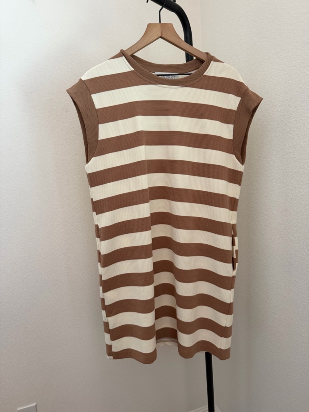 Ververt Casual Beige & Cream Striped Sleeveless Mini Dress - Picture 2 of 5